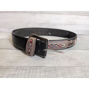 Mens Black Leather Belt  Engraved Silver Buckle Southwestern Embroidery Size 42